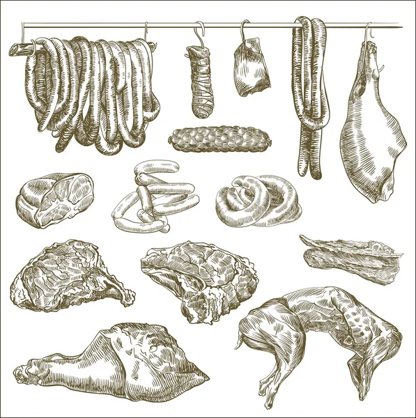 Viande naturelle et produits à base de viande — Image vectorielle