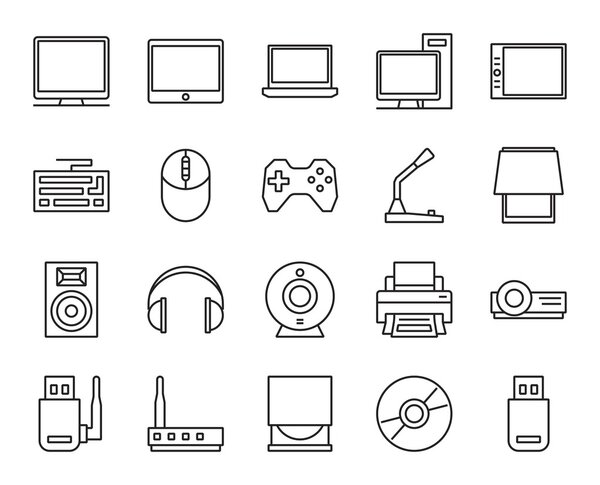 electronic and analog devices. basic set of simple linear icons