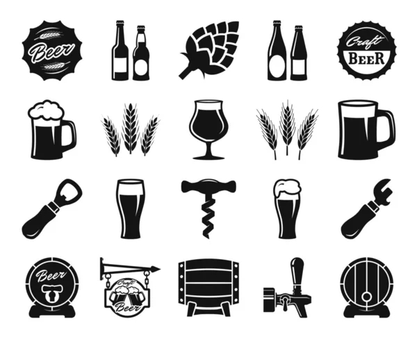 Bier, Brauerei, Zutaten, Konsumkultur. Set schwarzer Ikonen — Stockvektor