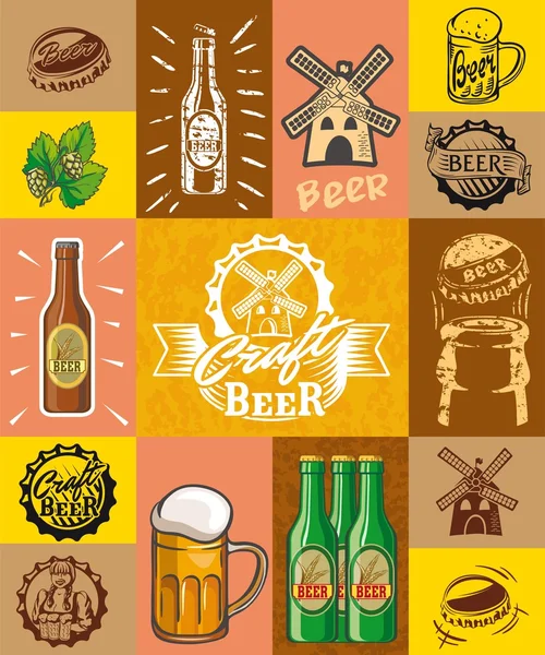 Cerveza, cerveza, ingredientes, cultura de consumo. conjunto de ilustraciones a color simples — Vector de stock