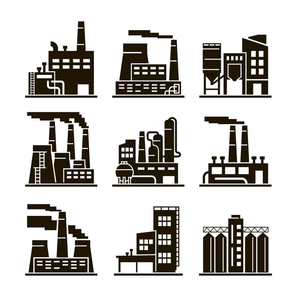 Edificio industriale. Industria. Produzione. Energetica. Riciclaggio. Icone nere . Grafiche Vettoriali