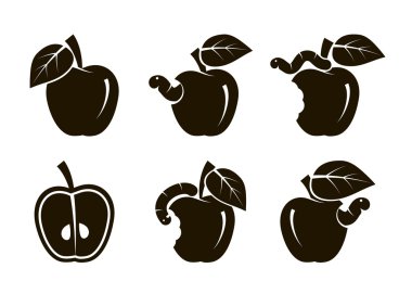 apple and worm. set of black icons clipart
