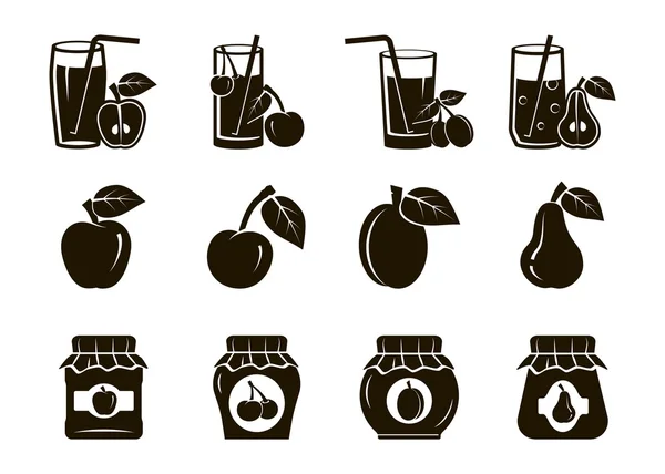 Owoców. Maszyny do zbioru. koktajl. Kompoty z brzoskwini i dżem. zestaw ikon — Wektor stockowy