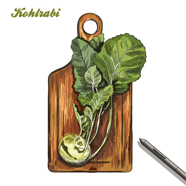 Kohlrabi em uma tábua de corte. Colheita. ilustração colorida . —  Vetores de Stock