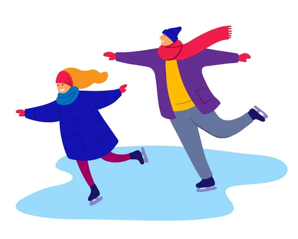 Man and woman skate on ice. flat color illustration — Stock Vector