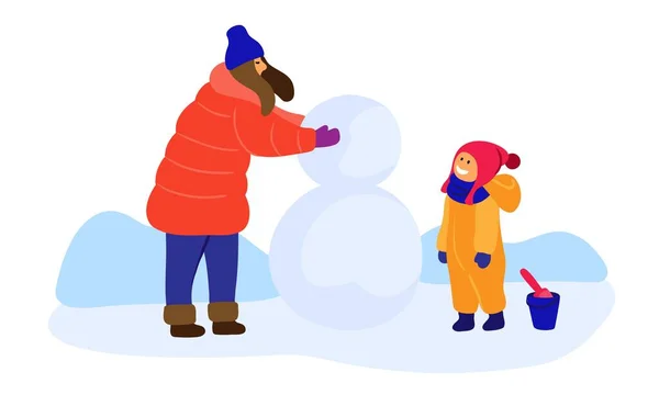 Mamá y el bebé hicieron un muñeco de nieve pegajoso. ilustración a color plano — Archivo Imágenes Vectoriales