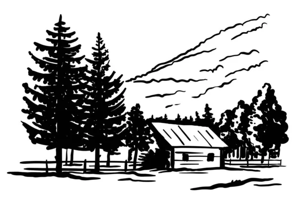 Casa de madera al pie de la montaña. Una morada a la sombra de los árboles — Archivo Imágenes Vectoriales