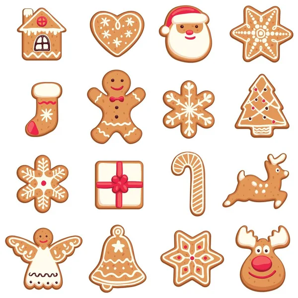 Holiday gingerbread cookie. Cookie in different shape with colored icing. New year and xmas celebration — Stock Vector