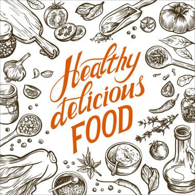 İyi bir kahvaltı için doğal ürünler. Yemek ve tabaklar masada. vektör simgelerinin arkaplanı