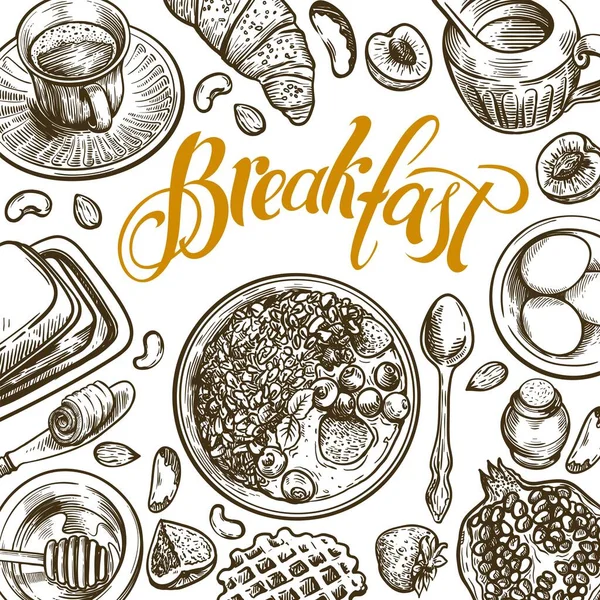 İyi bir kahvaltı için doğal ürünler. Yemek ve tabaklar masada. vektör simgelerinin arkaplanı