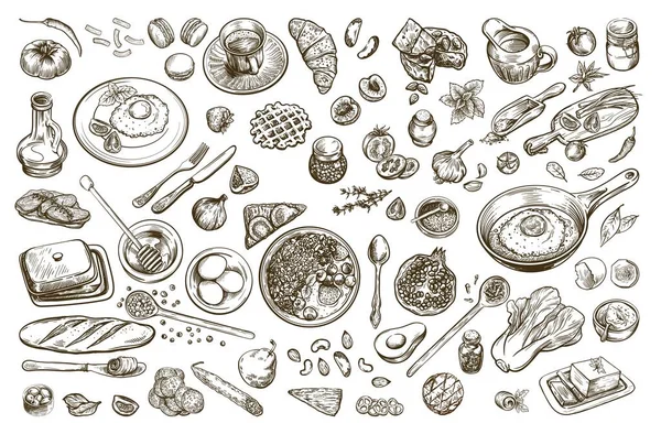 Productos naturales para un buen desayuno. comida y platos sobre la mesa. fondo de iconos vectoriales — Archivo Imágenes Vectoriales