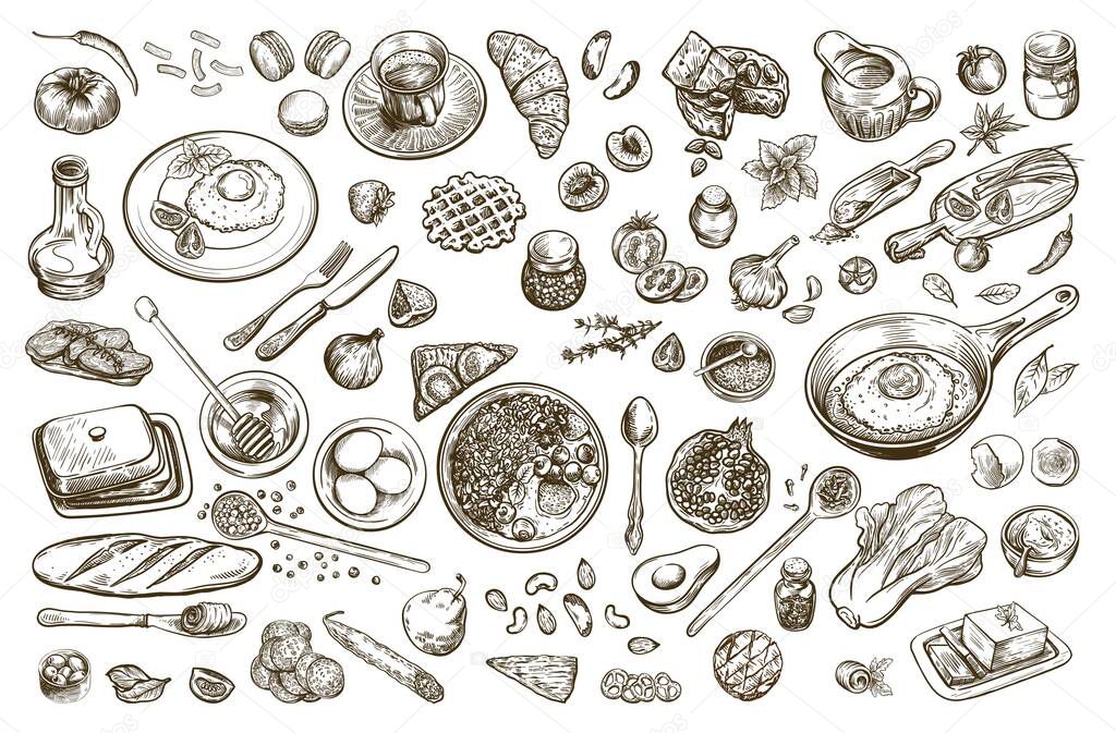 natural products for a good breakfast. food and dishes on the table. background of vector icons