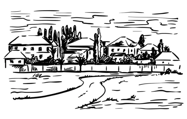 Maisons de village et terres agricoles. esquisse dessinée à la main sur fond gris — Image vectorielle