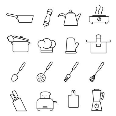 Mutfak gereçleri ve mutfak aletleri. Düz biçimli vektör simgeleri kümesi