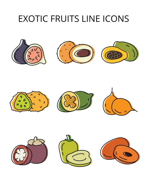 Egzotik meyveler. Düz biçimli vektör simgeleri kümesi — Stok Vektör