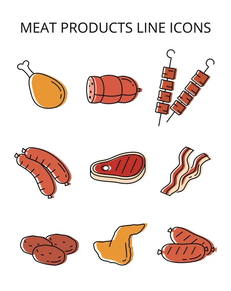 Carne y productos cárnicos. conjunto de iconos vectoriales en estilo plano — Vector de stock