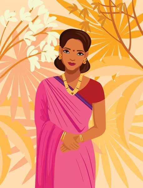 Bela menina em vestido indiano tradicional. ilustração vetorial em estilo plano em fundo abstrato —  Vetores de Stock