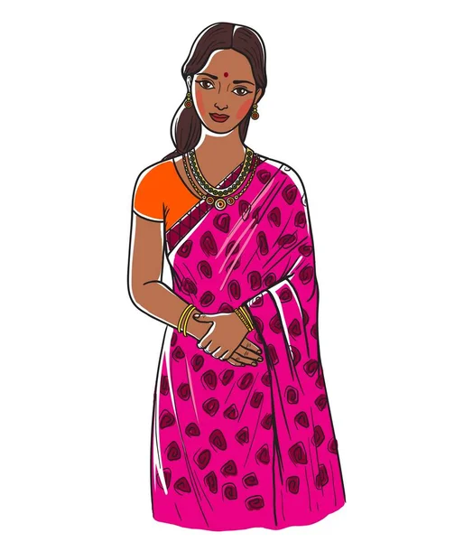 Piękna młoda dziewczyna w tradycyjnej sukience indyjskiej. wektor ilustracja w płaskim stylu na białym tle — Wektor stockowy