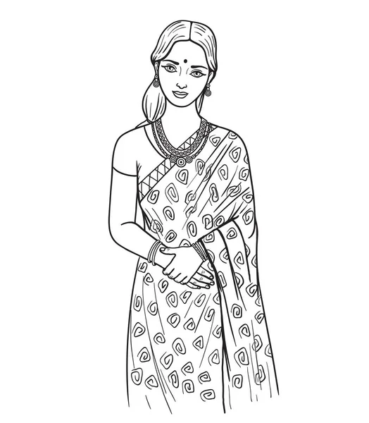Bela menina em vestido indiano tradicional. ilustração vetorial em estilo plano sobre fundo branco — Vetor de Stock