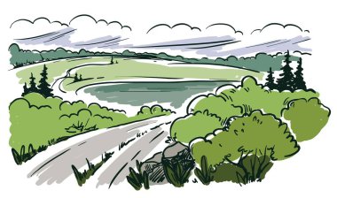 Ufuk boyunca uzanan kır yolu tepeler ve ormanlar arasında uzanıyor. renk vektör illüstrasyonu