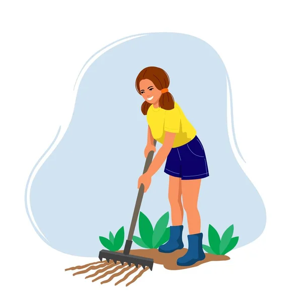 La niña se alimenta de las plantas de la tierra. ilustración vectorial de color en estilo plano — Vector de stock