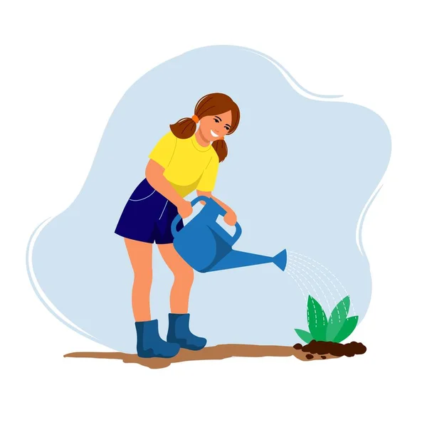 Chica regando una planta de una regadera. ilustración vectorial de color en estilo plano — Vector de stock