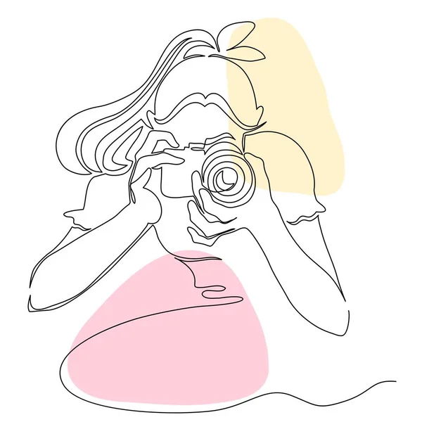 Desenho de linha contínua de uma mulher usando uma ilustração vetorial de câmera — Vetor de Stock