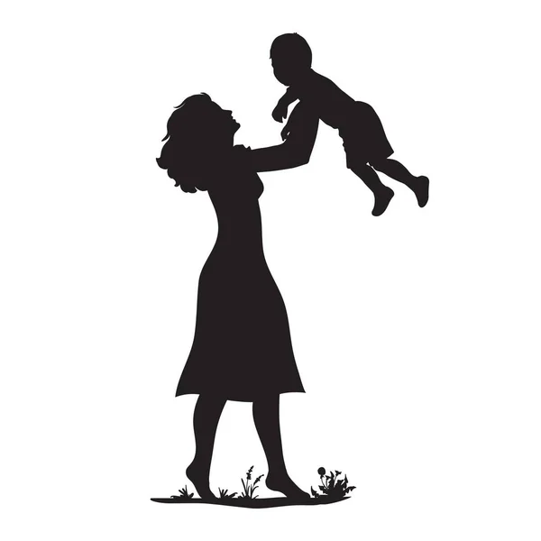 Silhouet van een moeder met een baby in haar armen — Stockvector