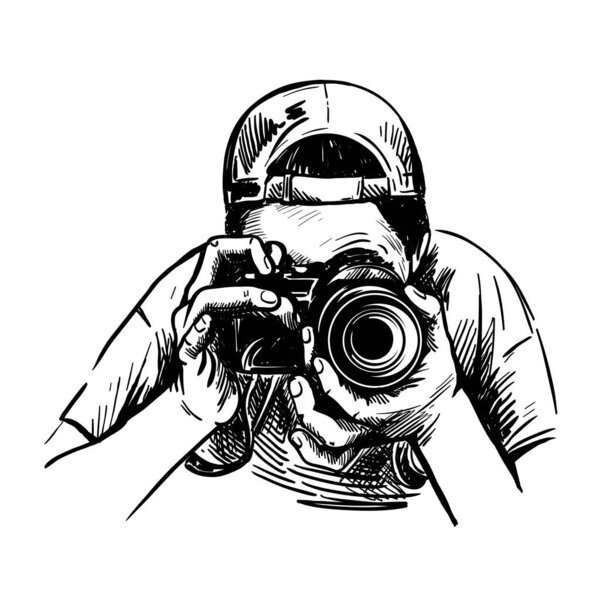 Девушка с камерой. Черно-белая векторная иллюстрация.