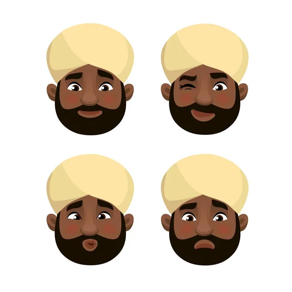 The head of a man in an turban. Different emotions. Colored illustration in a flat style. — Stock Vector