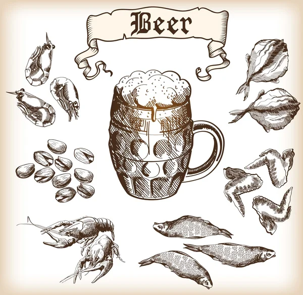 Pinta de cerveza y merienda — Vector de stock