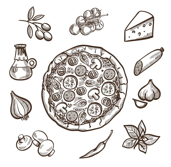 Pizza e ingredientes — Vector de stock