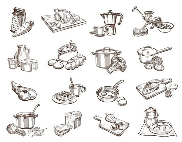 Nourriture et ustensiles de cuisine — Image vectorielle