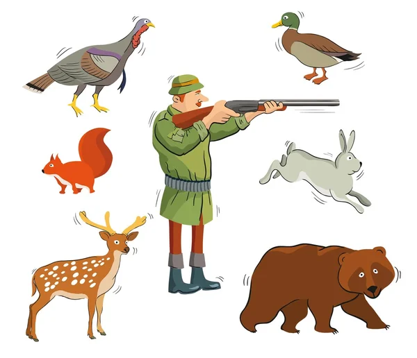 Hunter and wild animals — Stock Vector