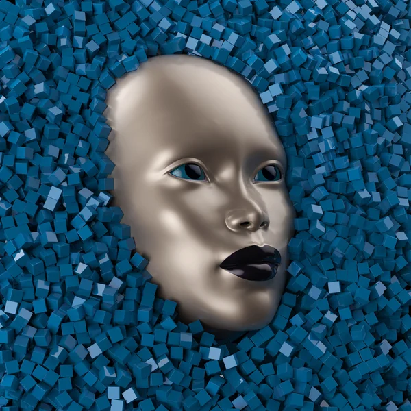 Rosto de metal cercado por cristal azul — Fotografia de Stock