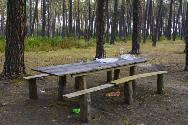 Schmutziger Picknicktisch im herbstlichen Wald — Stockfoto