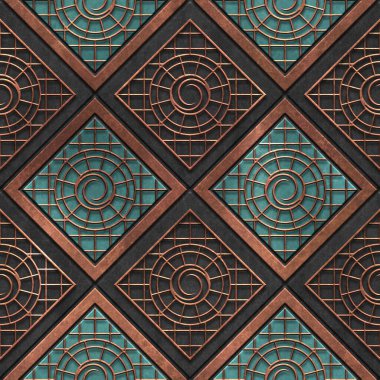 Bronze and copper seamless texture with carving square pattern, 3D illustration, 3d panel