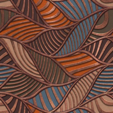 Metallic seamless texture with carving swirls pattern, bronze and copper color, panel, 3D illustration