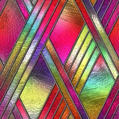 Stained glass seamless texture with geometric stripes pattern for window, colored glass,  3d illustration