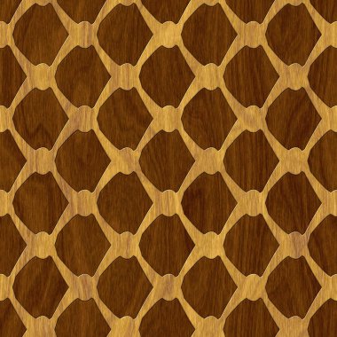 Carved geometric pattern on wood background seamless texture, marquetry panel, 3d illustration