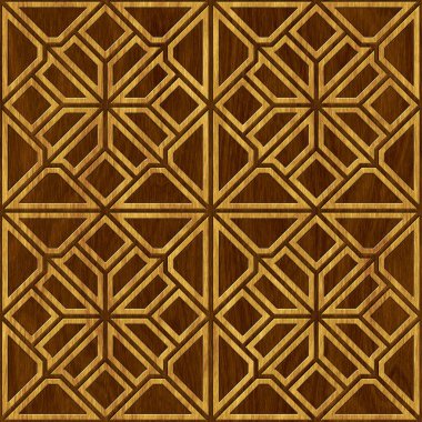 Carved geometric pattern on wood background seamless texture, marquetry panel, 3d illustration