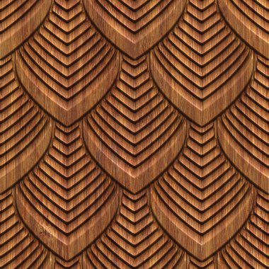 Carved fish scales pattern on wood background seamless texture, 3d illustration