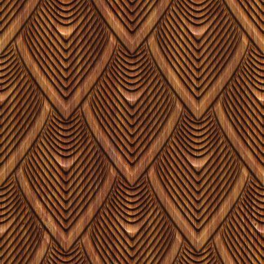 Carved fish scales pattern on wood background seamless texture, 3d illustration