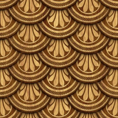 Carved wood seamless texture with fish scales pattern, 3d illustration