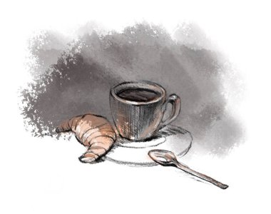 Samimi fincan seti. Dijital taslak: kruvasan, tabak ve kaşıkla bir fincanda kahve seti. Çıkartmalar, kartlar, menüler, posterler, restoranlar, mutfak, web tasarımı, parti, tekstil, çamaşır bandı. 