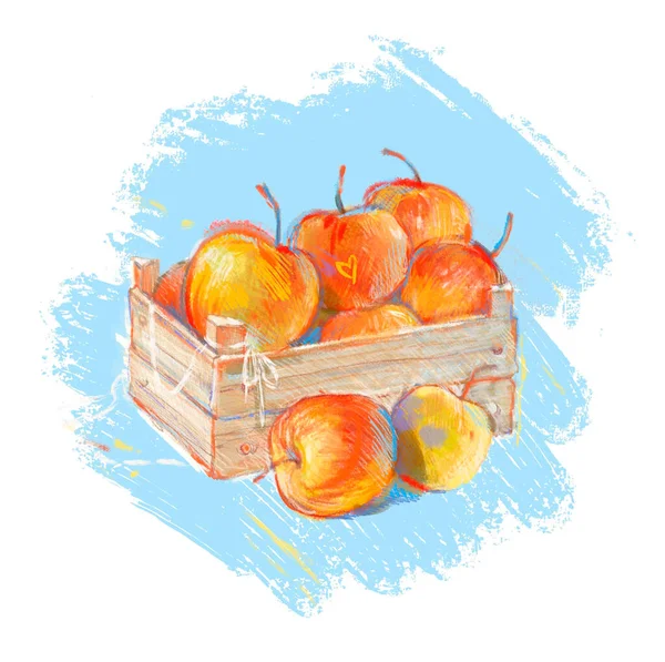 Wooden Box Fresh Apples Digital Illustration Isolated Blue Background — Foto Stock