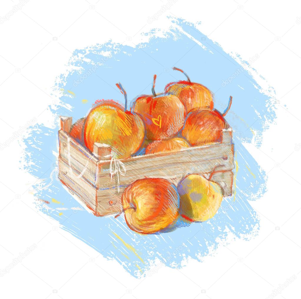 Wooden box with fresh apples digital illustration isolated on blue background.