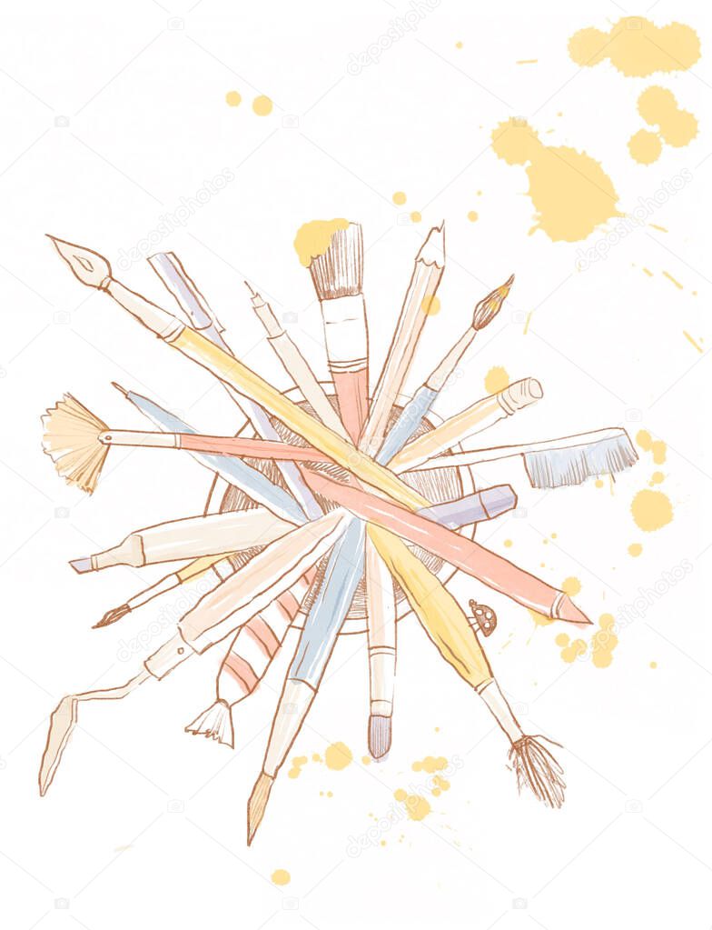 Hand-drawn sketch digital artist materials. Stylized illustration with color stains. Painting and drawing tools. Brushes, pens, knives.