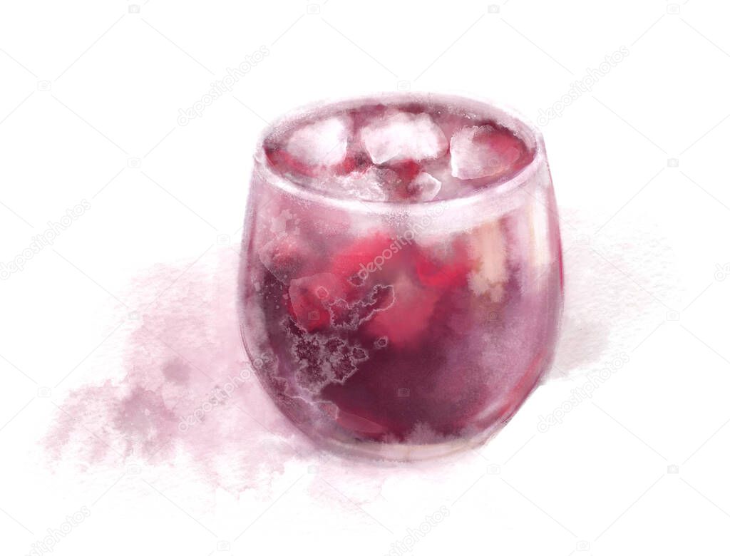 Grass cup red drink cold. Bar or cafe or restaurant menu. Evening and night beverage digital illustration.