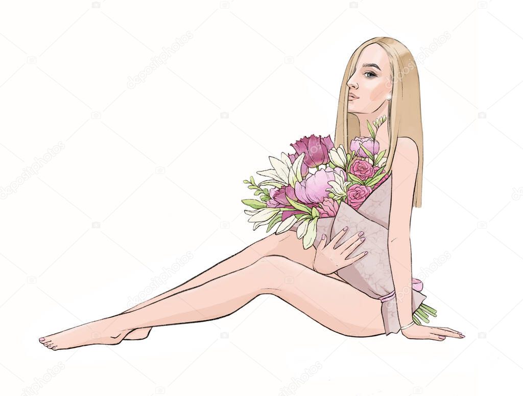 Blonde young girl with a bouquet of pink flowers roses, peonies, lilies. Digital fashion illustration. For the holiday of spring, anniversary, birthday, fabric design, card, poster, flyer. Women's Day